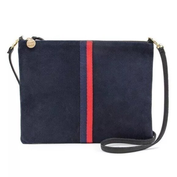 Clare V. Sac Bretelle Crossbody Bag in Perforated Suede with Red/Blue Stripes